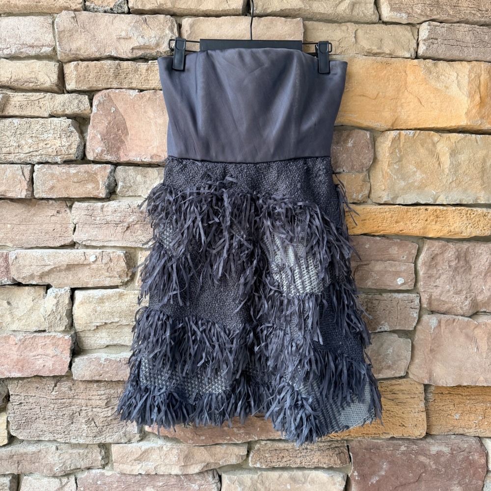 Alice + Olivia Womens 0 Priscilla Strapless Mini Dress Fringe Shaggy Grey READ